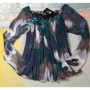 NWT Amour De Pin-Up Paris Womens Silk Print Bubble Hem Blouse S Forest Fairy